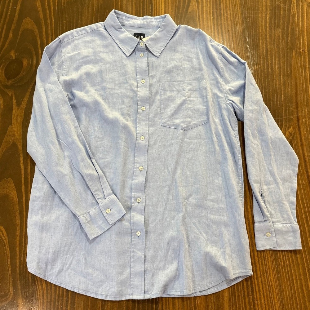 GAP Womens Linen‎ Blend Long Sleeve Button Down Shirt Light Blue L - Picture 2 of 9